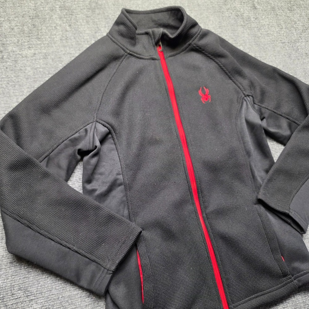 Spyder Kids Full Zip Jacket Black Red Waffle Grid Fleece Sweater Youth Medium 10
